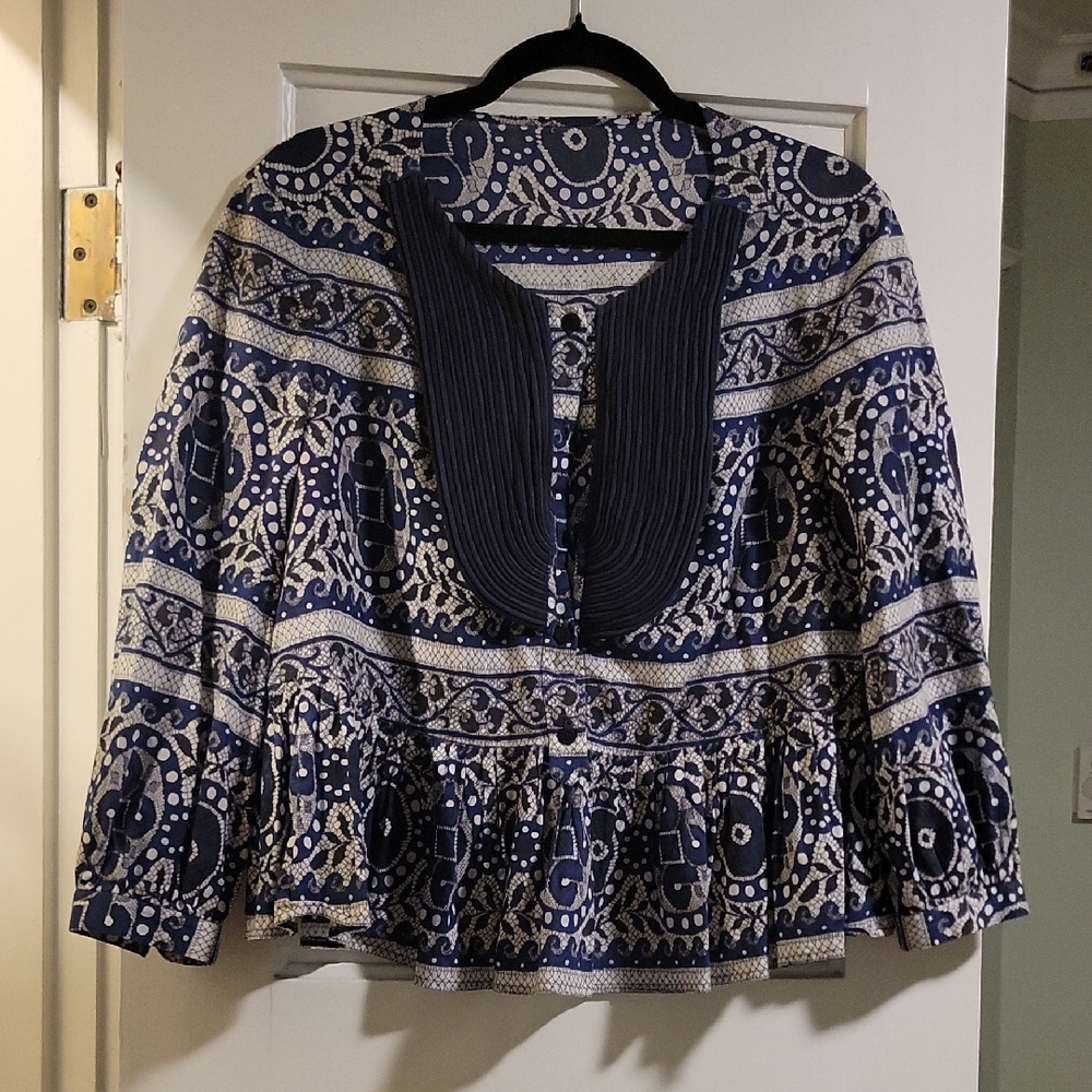 3.1. Phillip Lim Navy and White Tribal Henley Peplum Top with Corded Trim